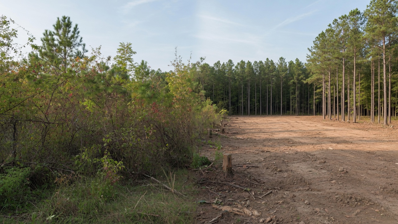 Before and after land clearing — overgrown brush versus cleared lot