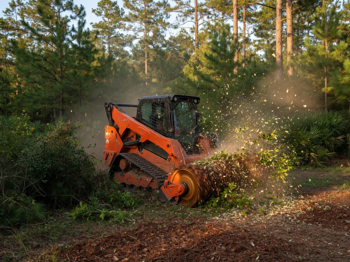 Forestry mulching dense brush with track loader