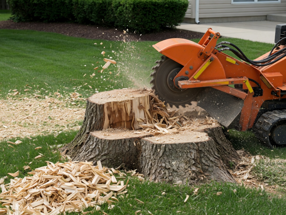 Stump grinding with wood chips in a yard